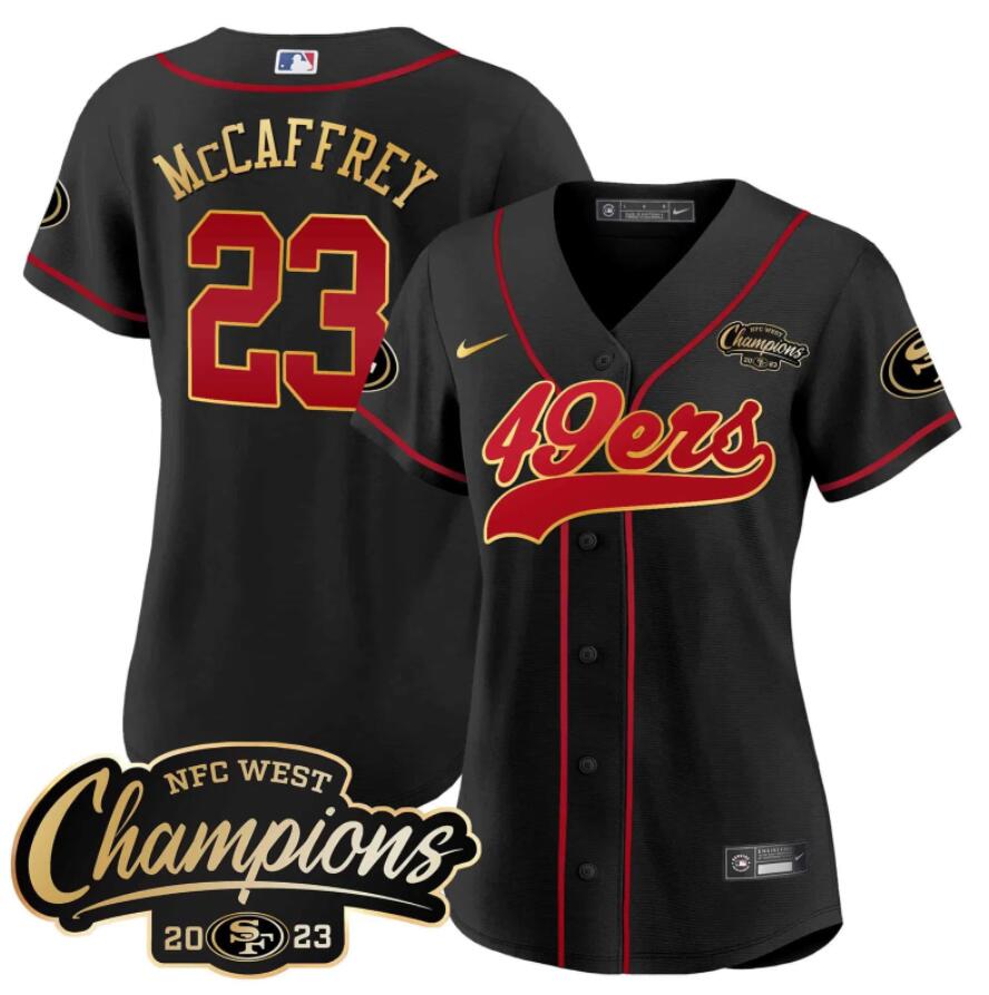 Women San Francisco 49ers #23 Mccaffrey  2023 NFC West Champions Baseball Gold Trim 2024 NFL NFL Nike black Nike jerseys->women nfl jersey->Women Jersey